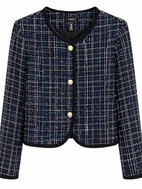 Aqua Women's Navy Tweed Cropped Button-Front Blazer Jacket